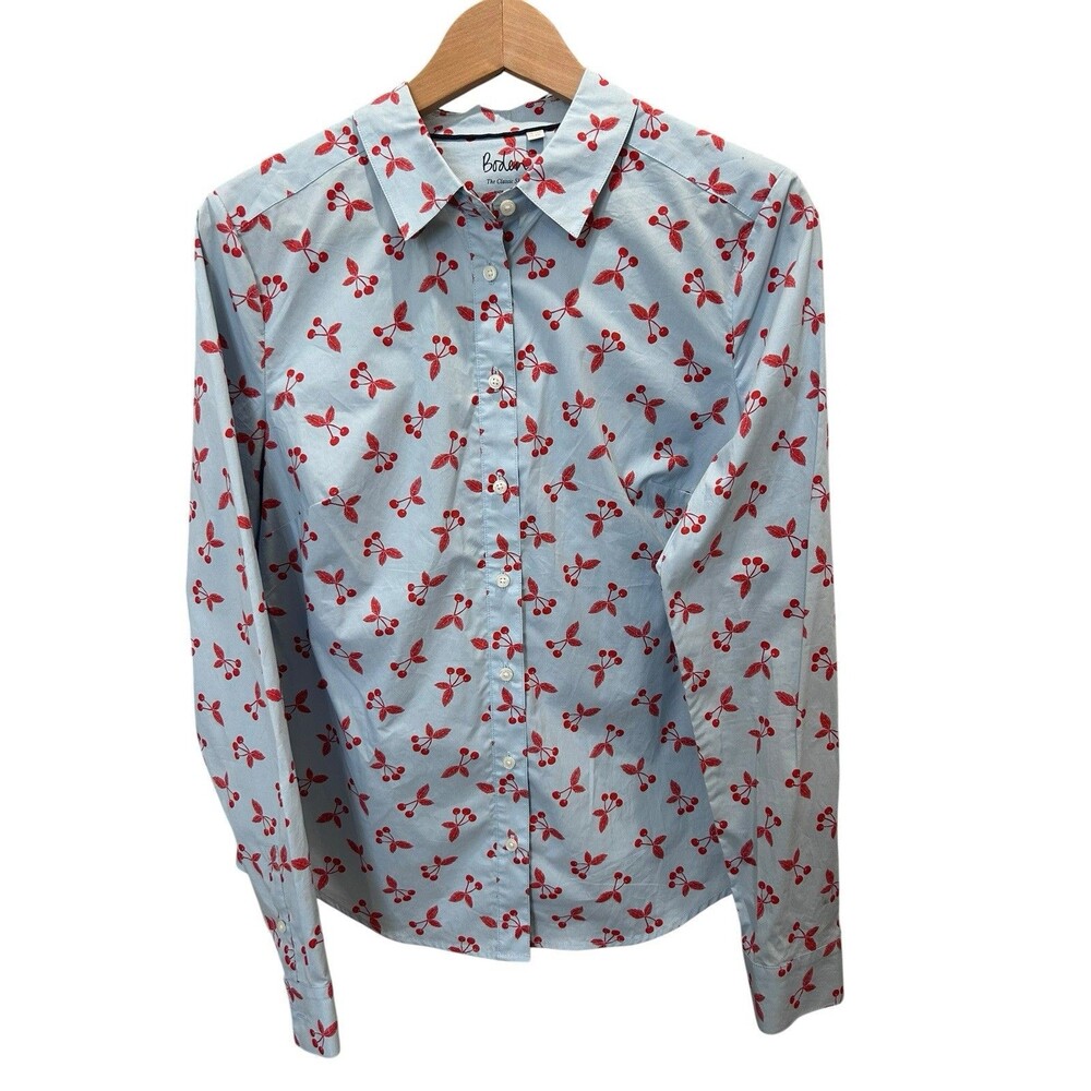 Boden Classic Shirt Womens US 8 Blue Red Cherry Print Button Front Cotton 🍒📚👩